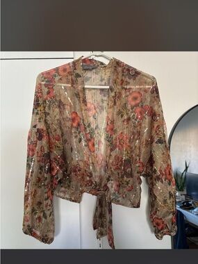 Anthropologie Sheer Beige Floral Tie-Front Blouse with Coral and Green